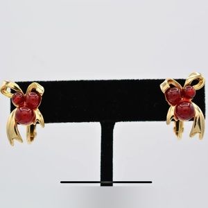 EA10 Vintage Cherry red gold tone bow earrings 70’s 80’s